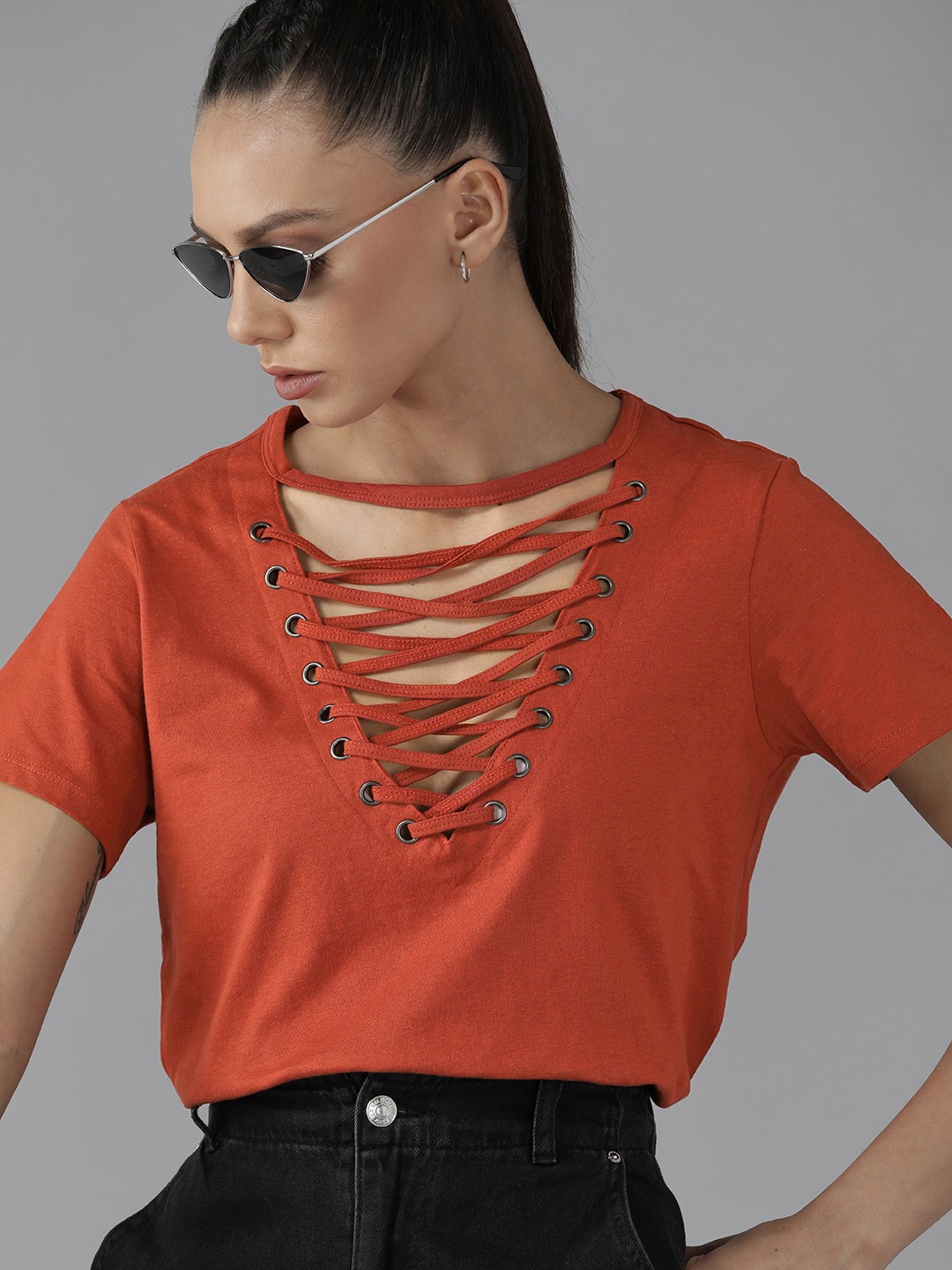 

Roadster Women Rust Brown Pure Cotton Top with Cut-Out Detail