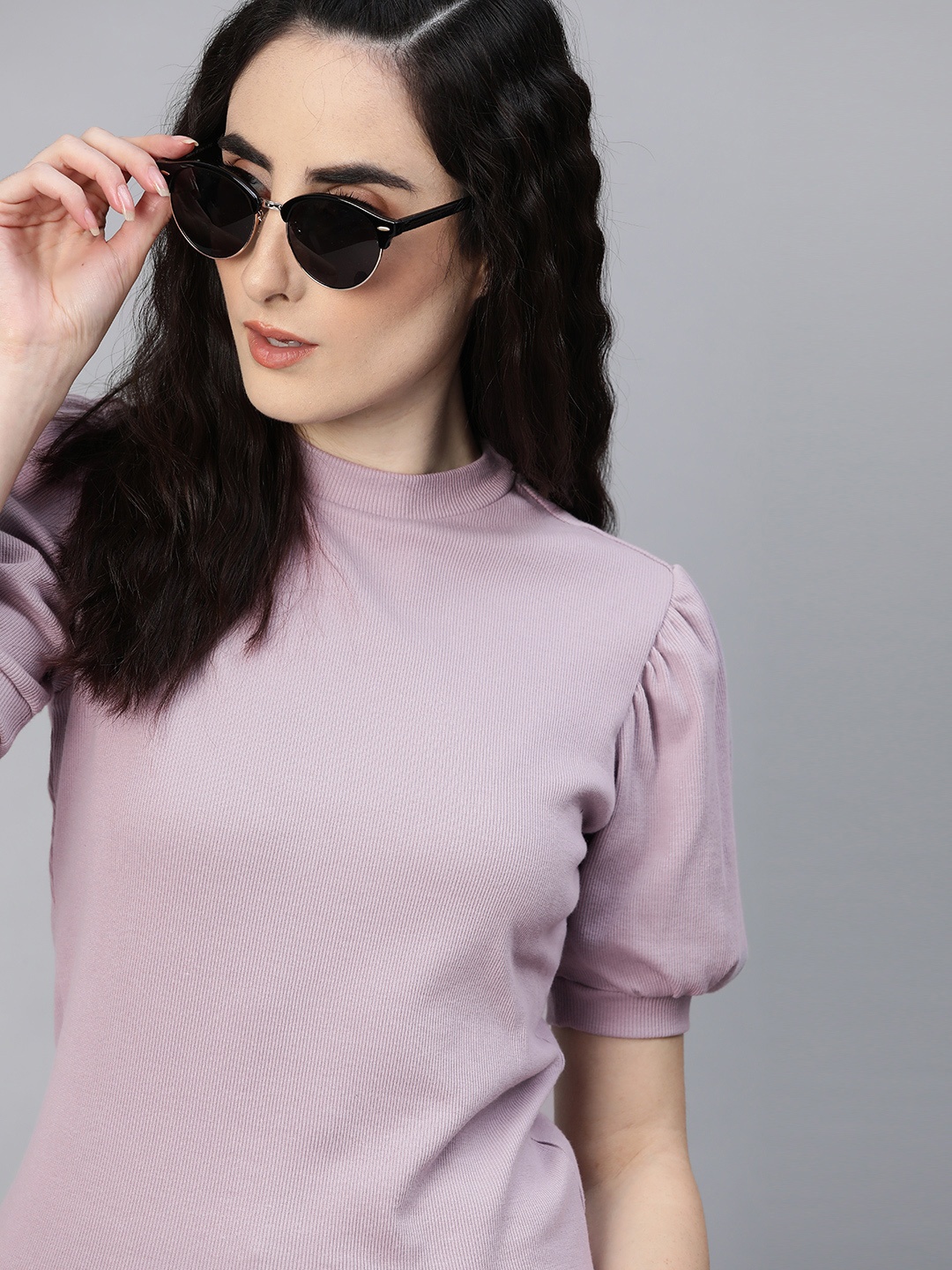 

Roadster Lavender Solid Puff Sleeve Regular Top