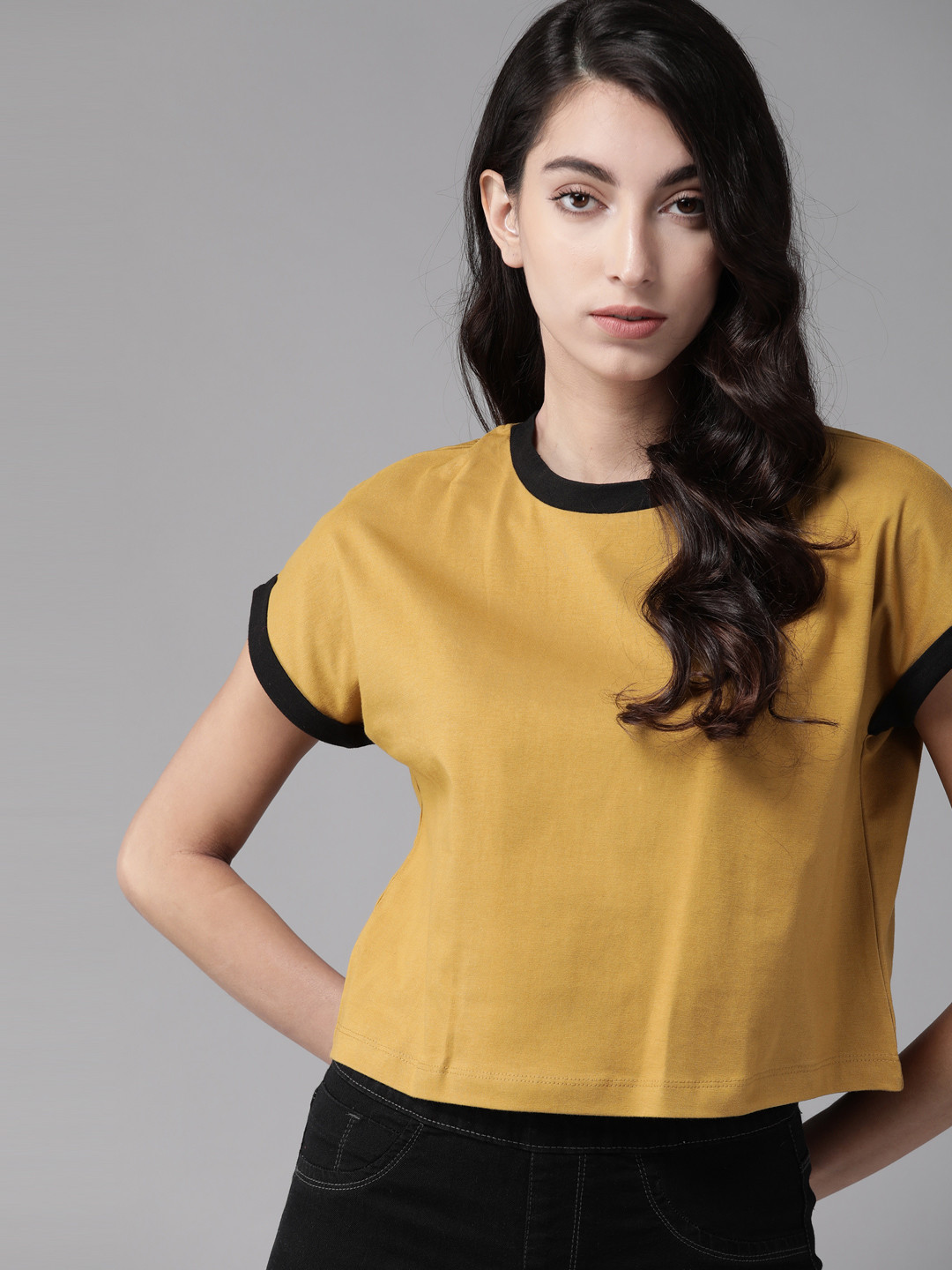 

The Roadster Lifestyle Co Women Khaki Round Neck Cropped Pure Cotton T-shirt