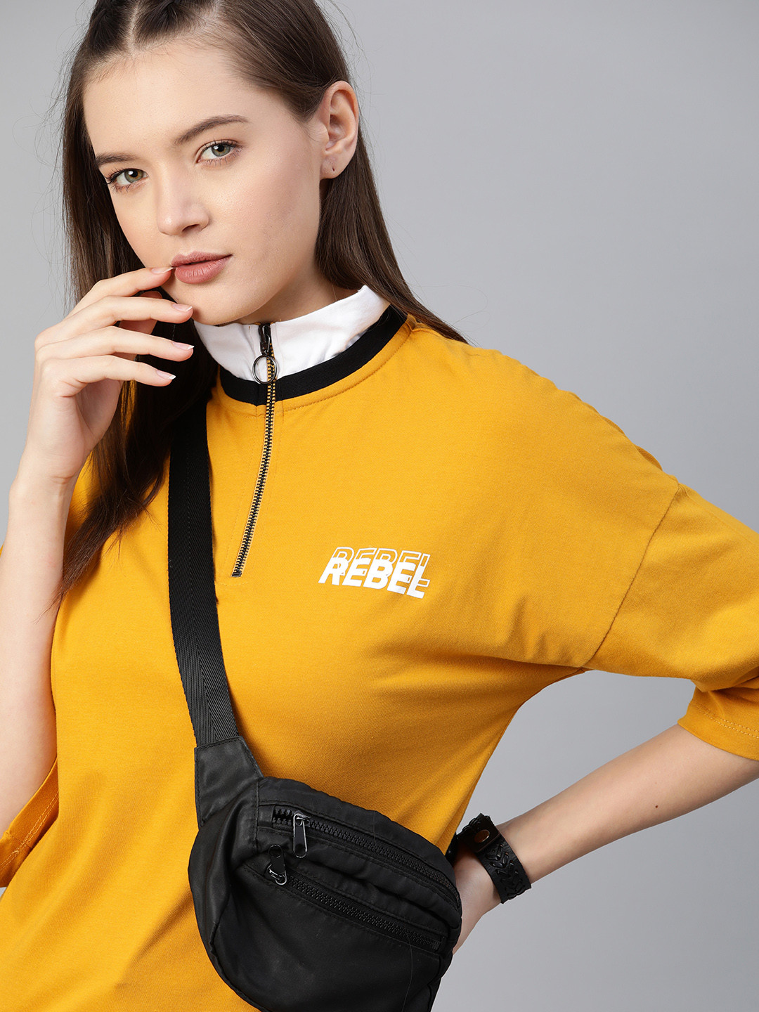 

The Roadster Lifestyle Co Women Mustard Yellow High Neck Cotton T-shirt