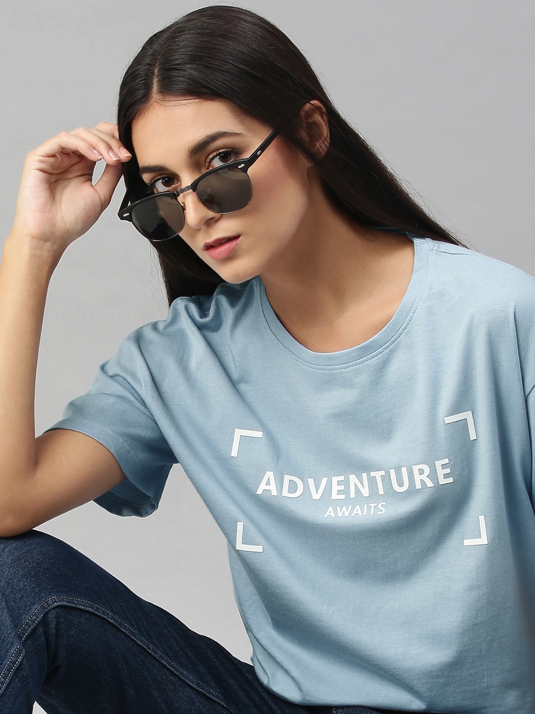 

The Roadster Lifestyle Co Women Blue Typography Printed Pure Cotton T-shirt