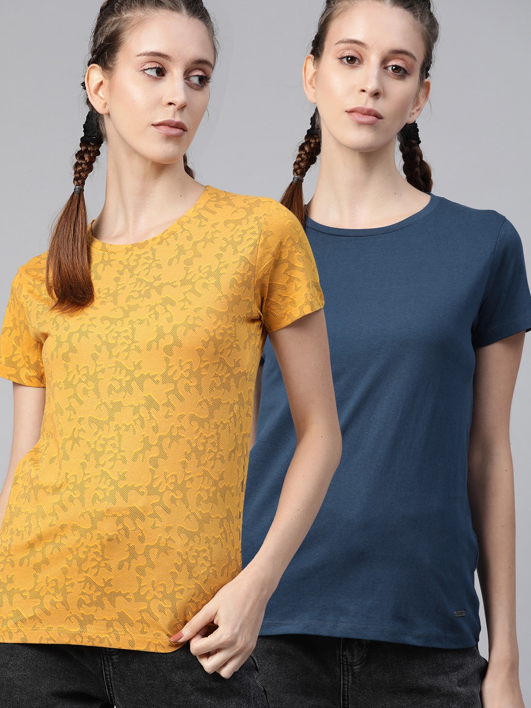 

The Roadster Lifestyle Co Women Pack Of 2 Pure Cotton T-shirt, Yellow