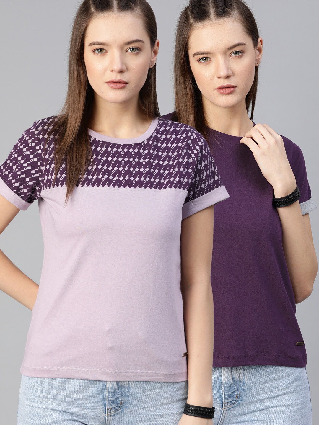 

The Roadster Lifestyle Co Women Pack of 2 Pure Cotton T-shirts, Lavender