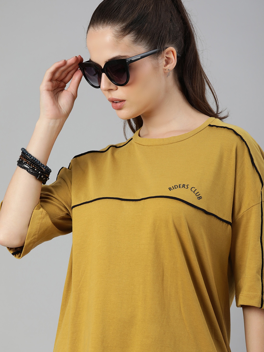 

The Roadster Lifestyle Co Women Mustard Yellow Drop-Shoulder Sleeves Pure Cotton T-shirt