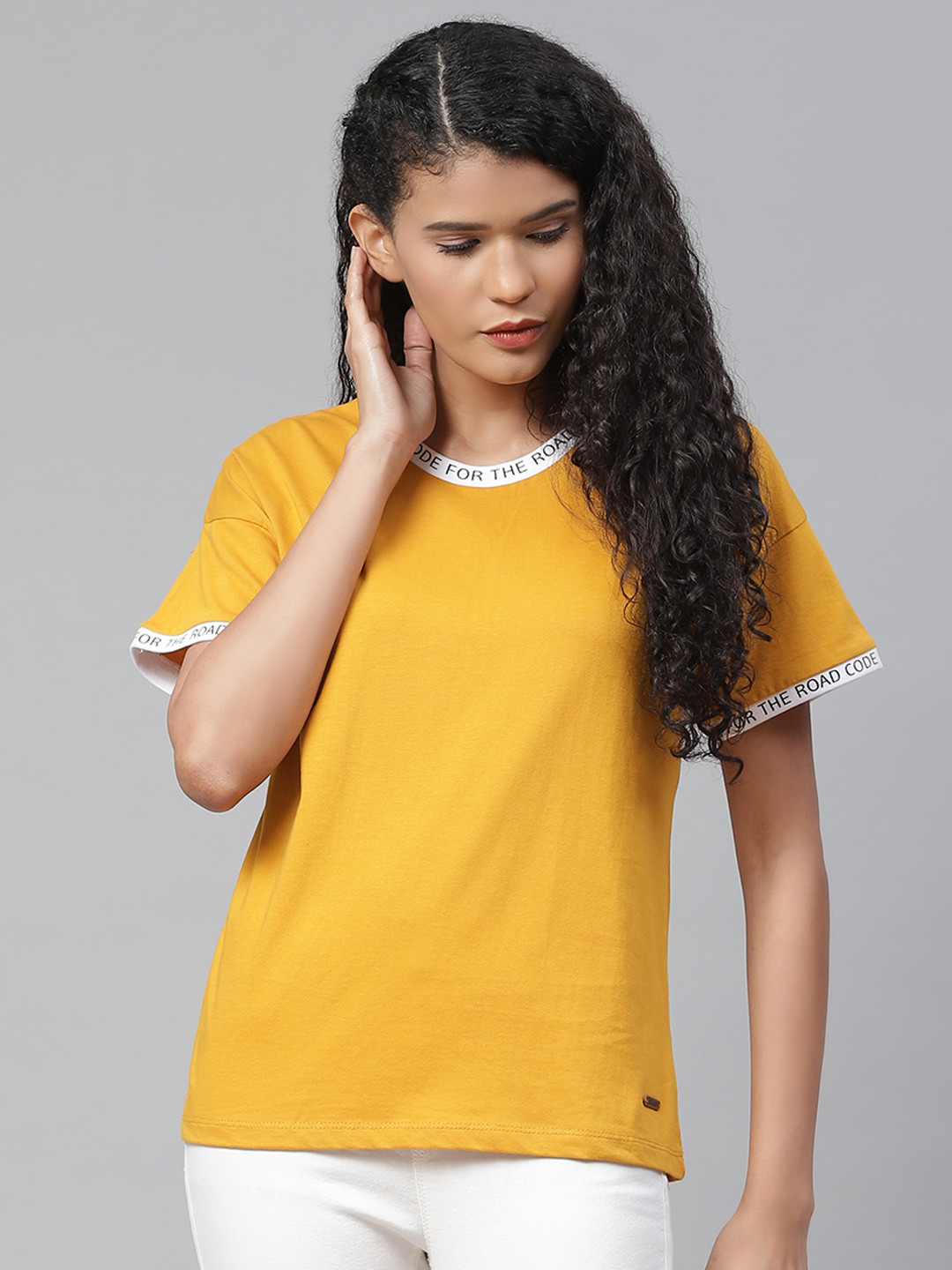 

The Roadster Lifestyle Co Women Mustard Yellow Cotton T-shirt