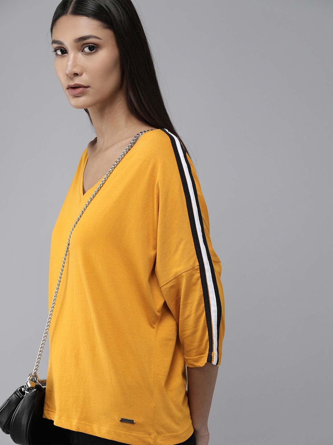 

The Roadster Lifestyle Co Women Yellow V-Neck Extended Sleeves Pure Cotton T-shirt