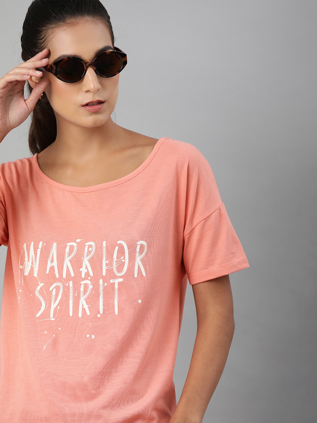 

The Roadster Lifestyle Co Women Peach Typography Printed Drop-Shoulder Sleeves Pure Cotton T-shirt