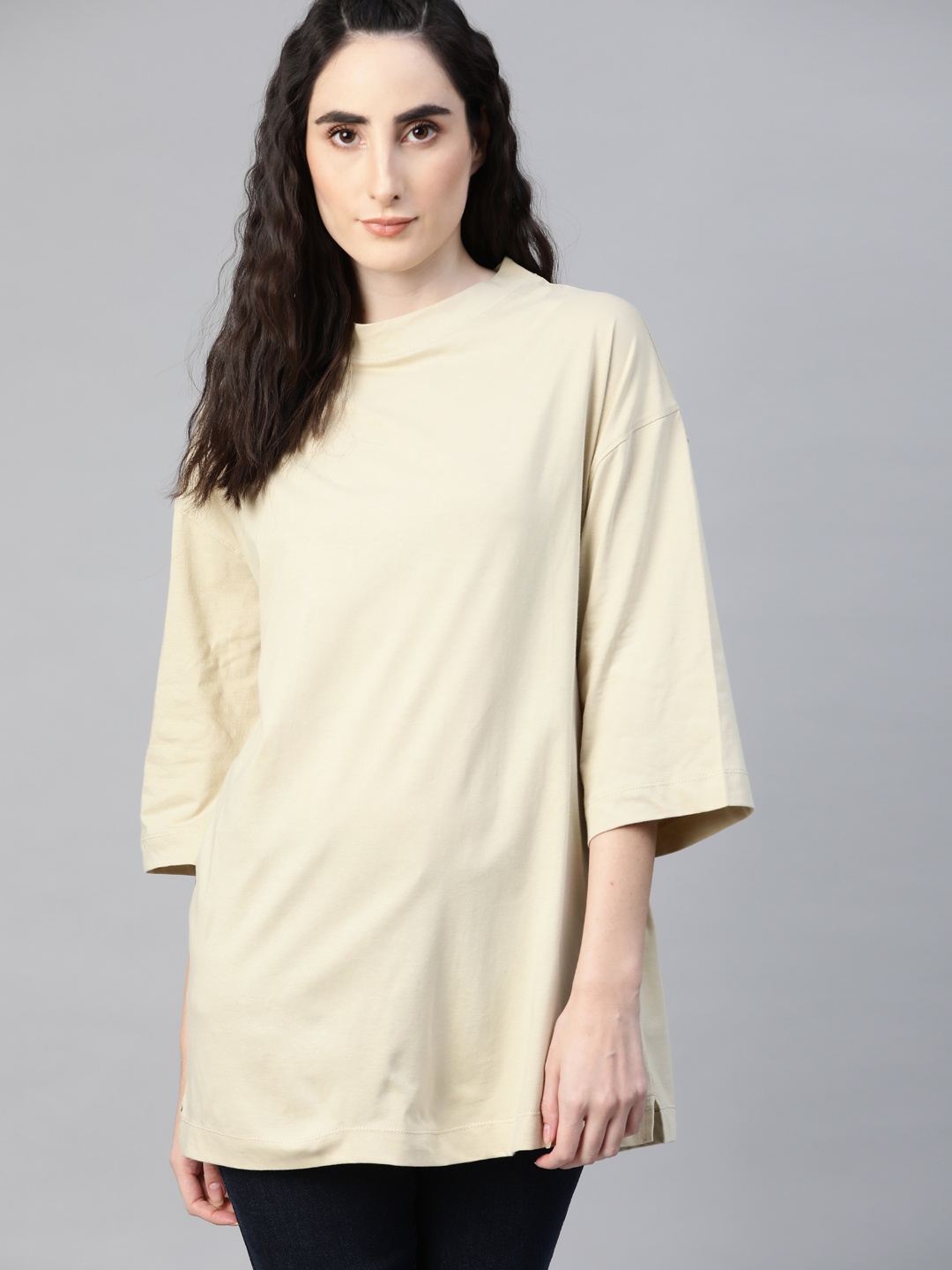 

The Roadster Lifestyle Co Women Cream-Coloured Drop-Shoulder Sleeves Pure Cotton Longline Boxy Pure Cotton T-shirt