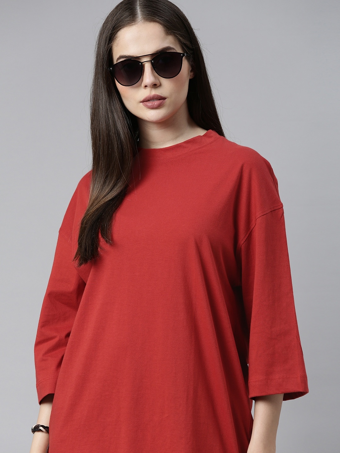 

The Roadster Lifestyle Co Women Cotton Drop-Shoulder Sleeves Oversized Longline T-shirt, Rust