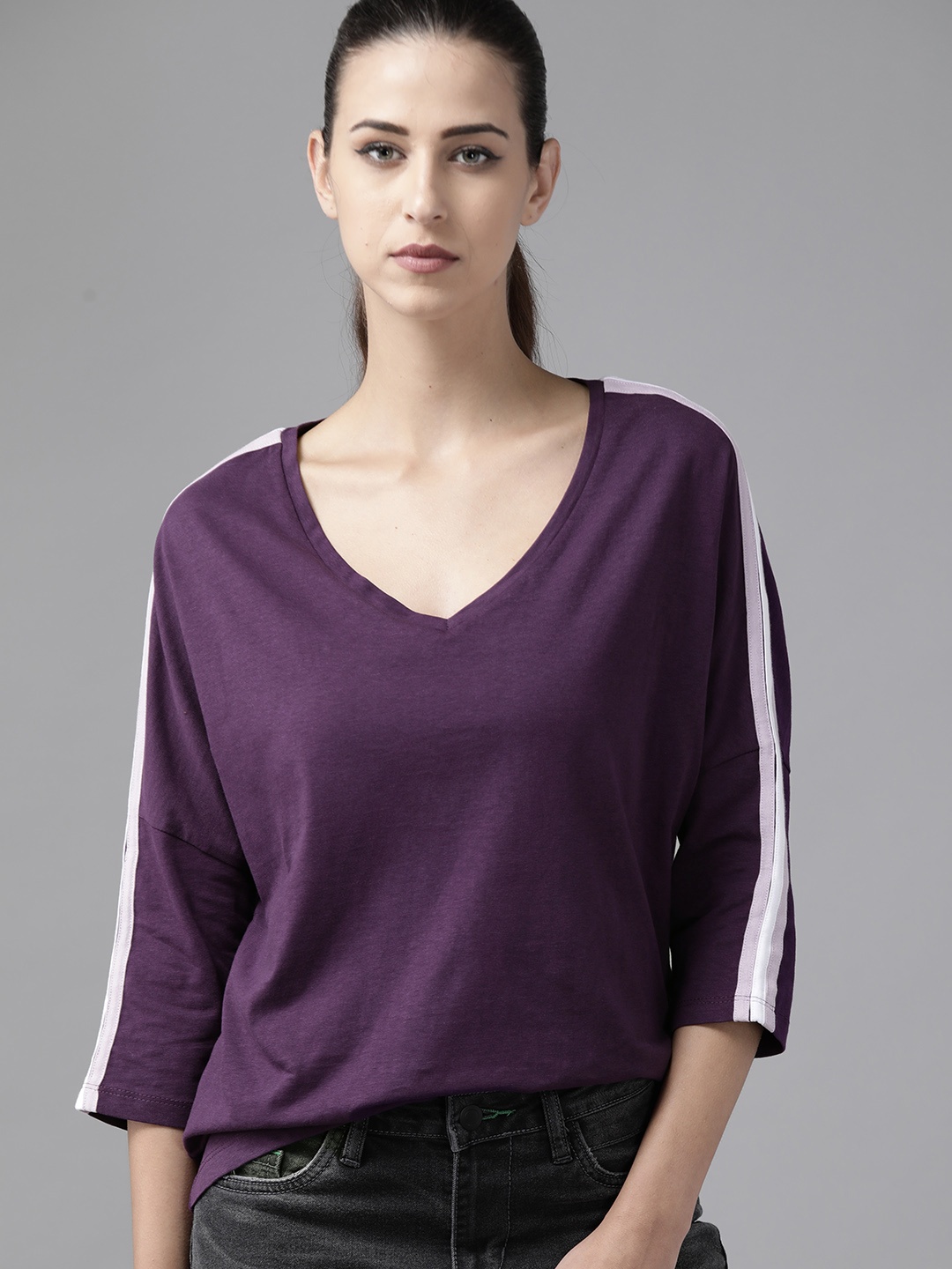 

The Roadster Lifestyle Co Women Purple Cotton V-Neck Drop-Shoulder Sleeves T-shirt