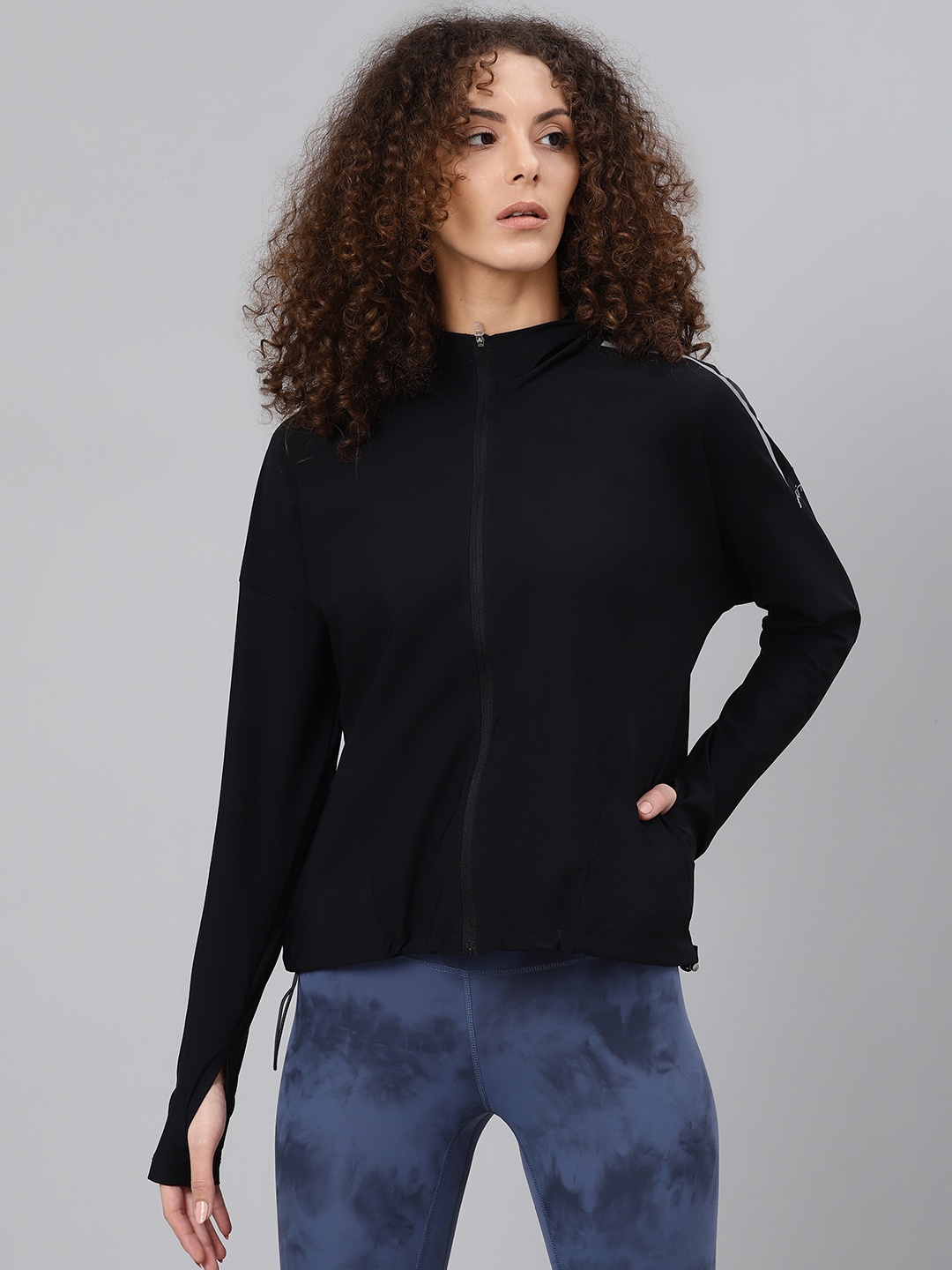 

Fitkin Women Black Solid Hooded Light-Weight Front-Open Sporty Sweatshirt