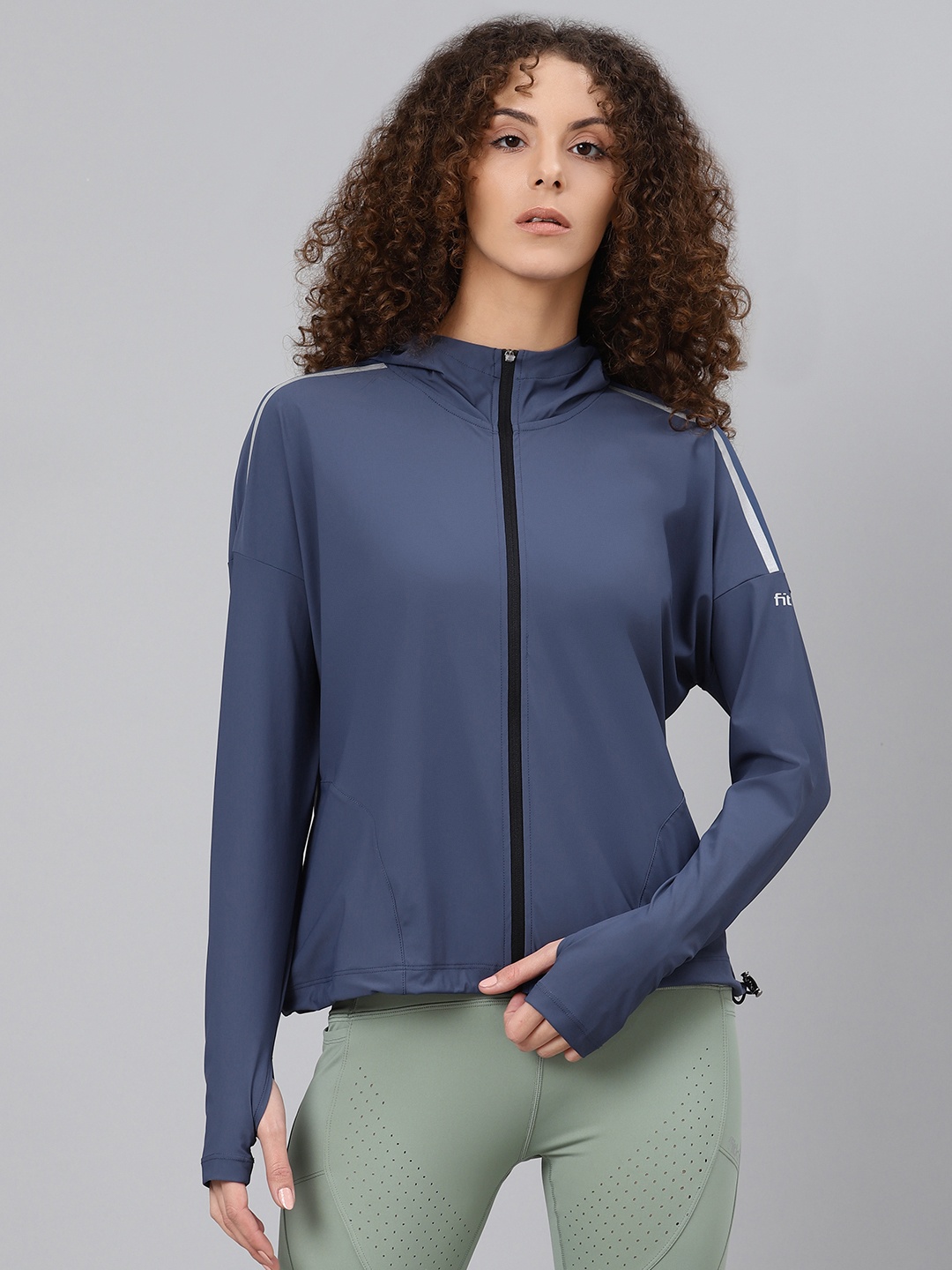 

Fitkin Women Navy Blue Solid Hooded Light-Weight Front-Open Sweatshirt