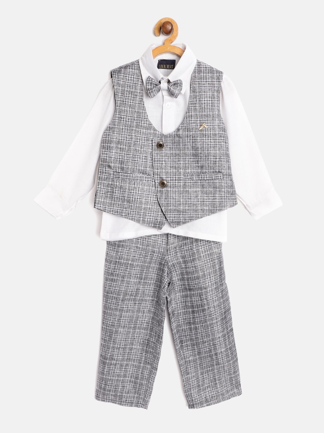 

FOURFOLDS Boys White & Grey Solid Shirt with Checked Trousers & Waistcoat