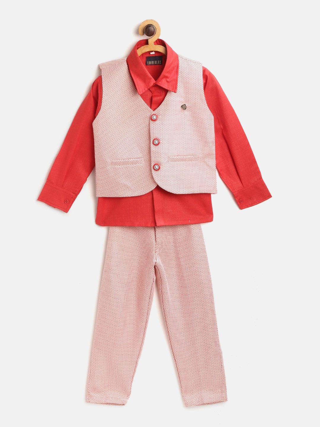 

FOURFOLDS Boys Red & White Solid Shirt with Checked Trousers & Waistcoat