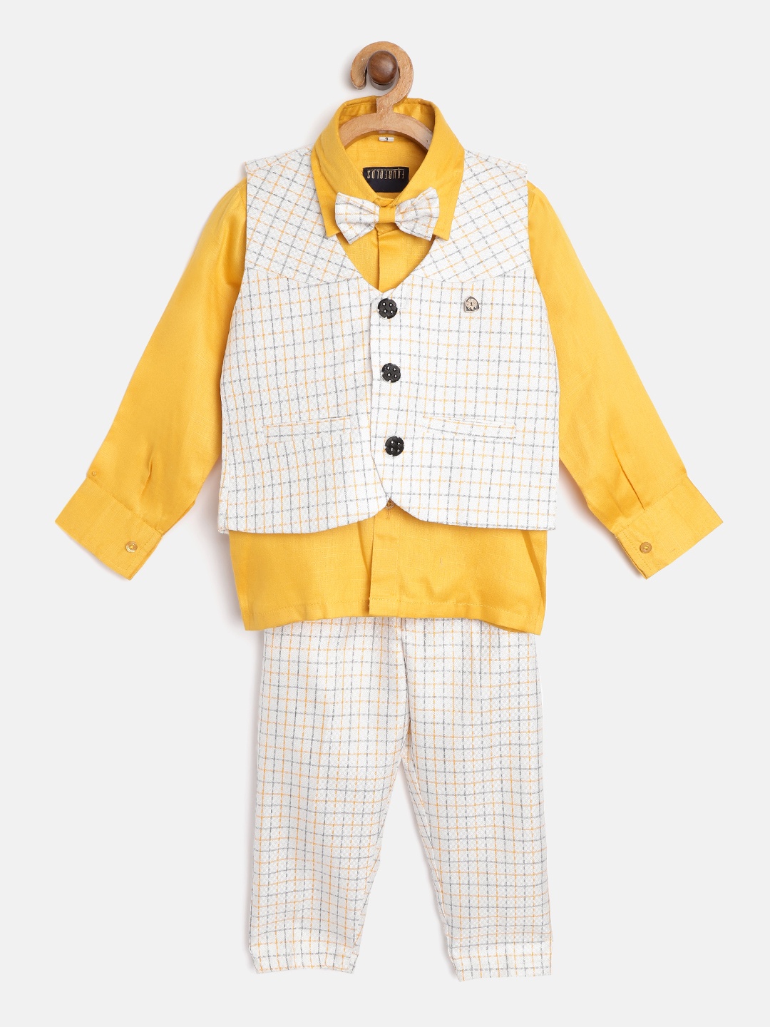 

FOURFOLDS Boys Mustard Yellow Solid Shirt with Checked Trousers & Waistcoat