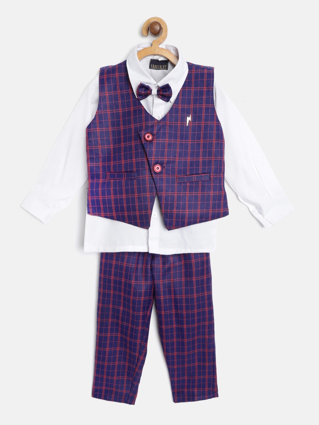 

FOURFOLDS Boys White Solid Shirt with Checked Trousers & Waistcoat