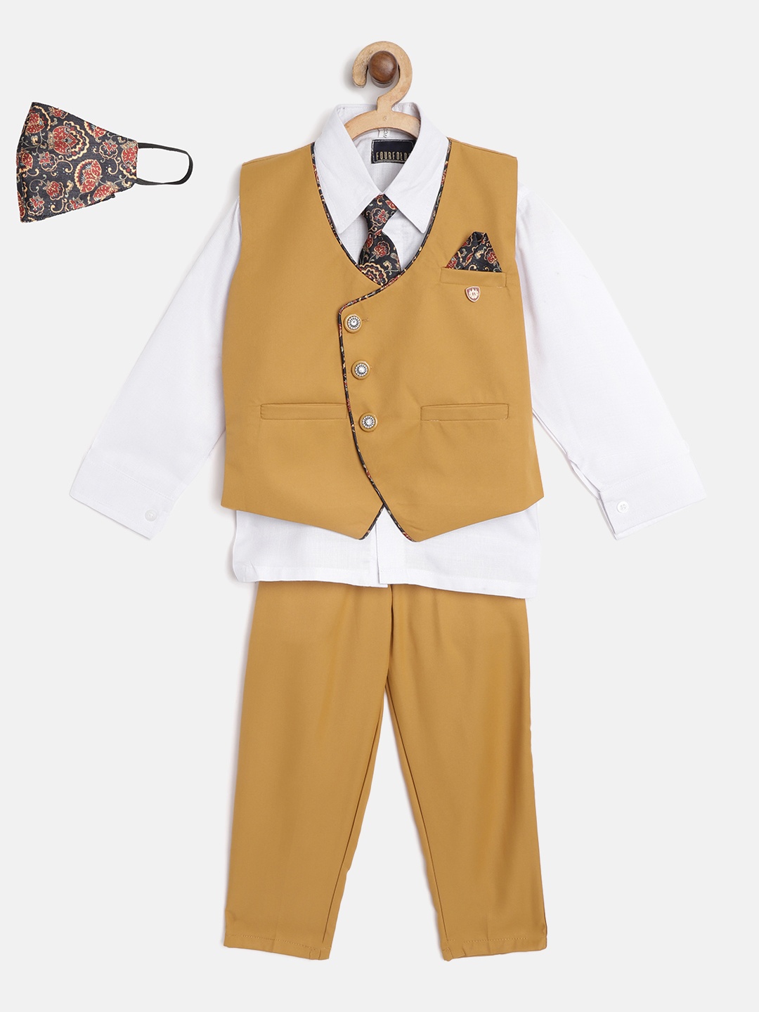 

FOURFOLDS Boys White & Mustard Yellow Solid Clothing Set with Waistcoat, Tie & Cloth Mask