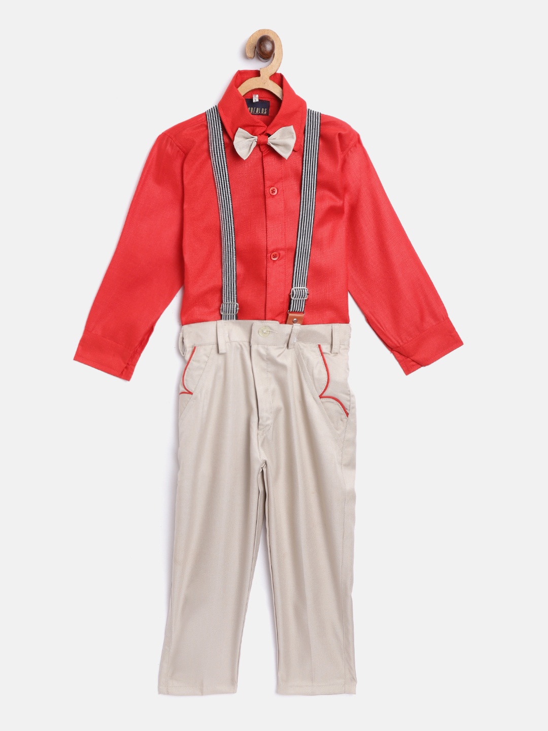 

FOURFOLDS Boys Red & Beige Solid Clothing Set with Suspenders & Bow Tie