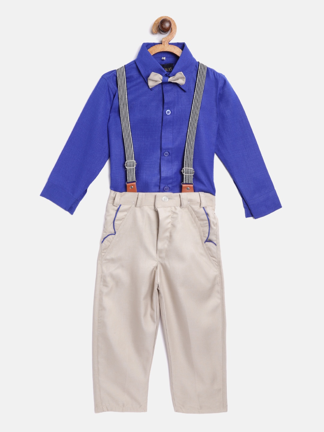 

FOURFOLDS Boys Blue & Beige Solid Shirt with Trousers Suspenders & Bow Tie