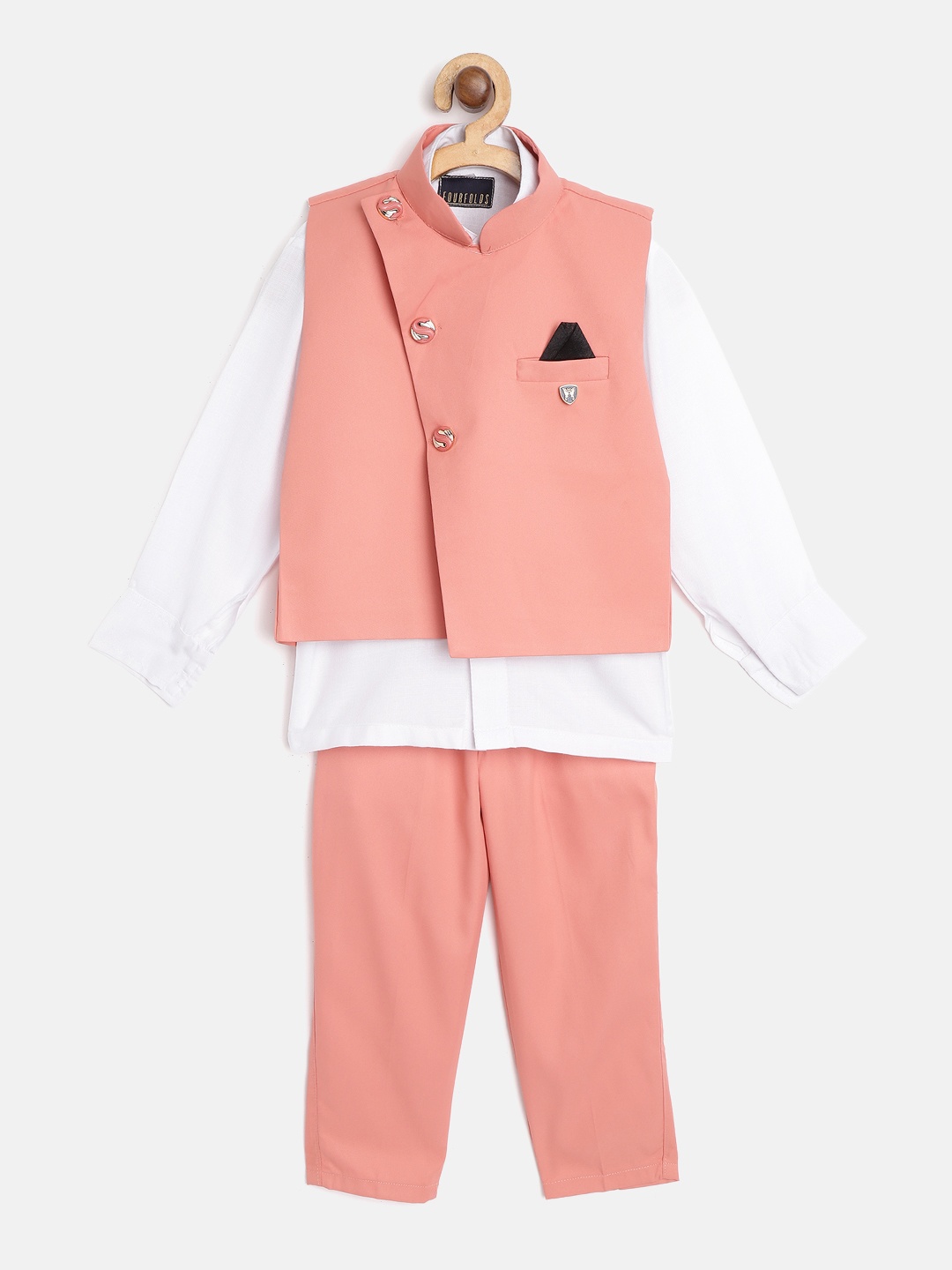 

FOURFOLDS Boys White & Pink Solid Shirt & Trousers with Waistcoat