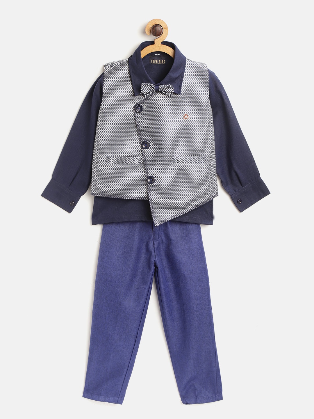 FOURFOLDS Boys Blue & White Solid Shirt with Trousers & Waistcoat