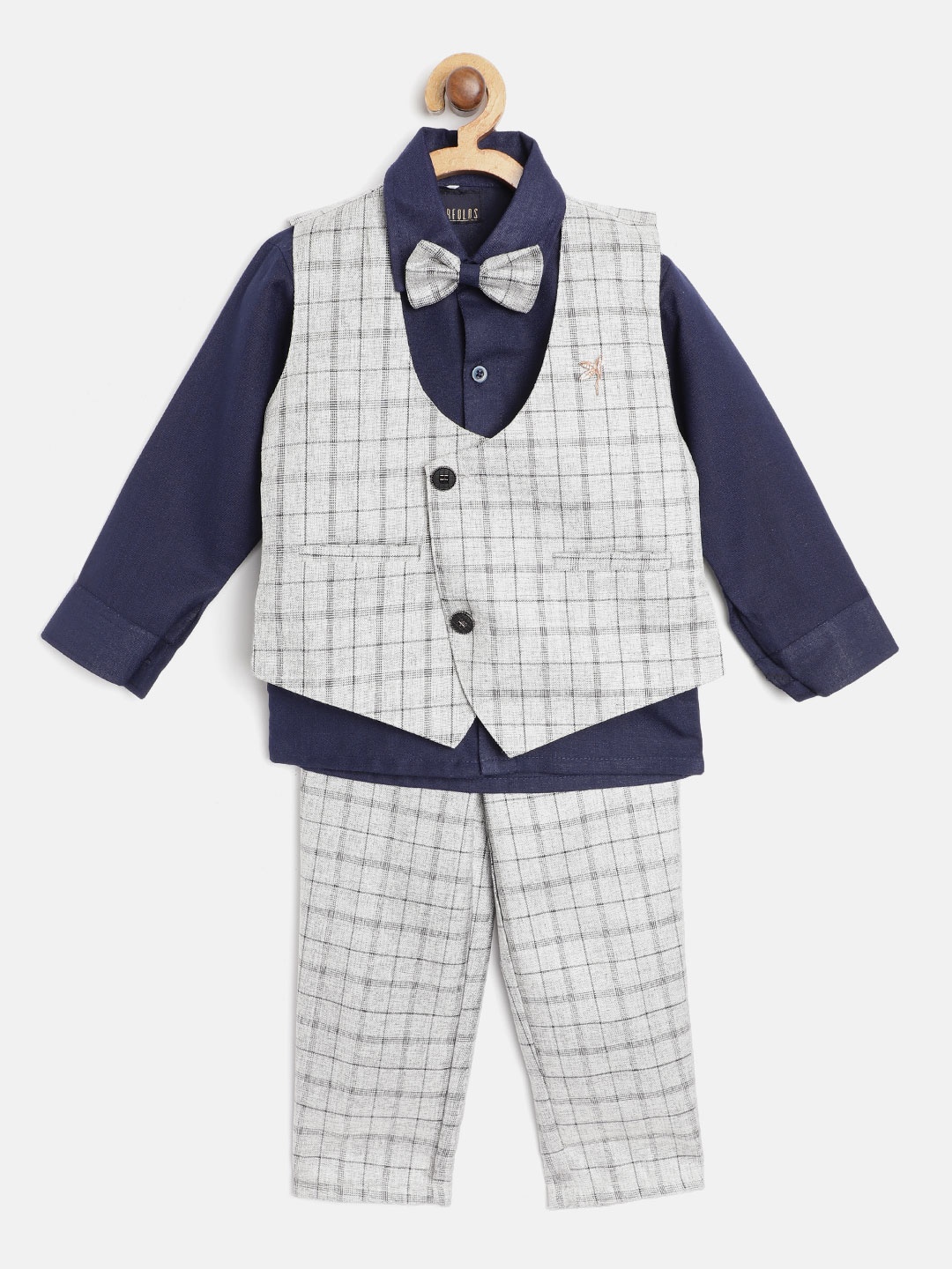 

FOURFOLDS Boys Navy Blue & Grey Co-Ord Set With Waistcoat & Bow-Tie