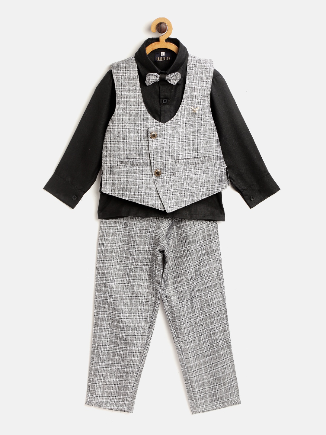 

FOURFOLDS Boys Black & Grey Solid Shirt with Checked Trousers & Waistcoat