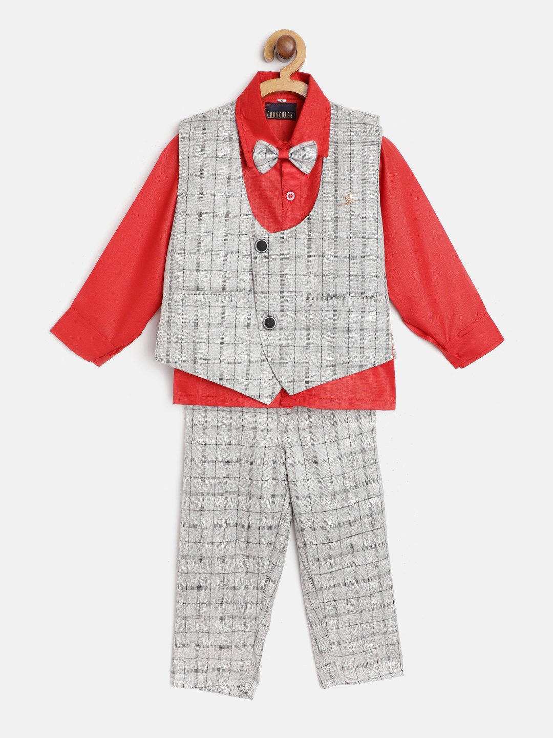 

FOURFOLDS Boys Red & Grey Checked Shirt with Trousers Waistcoat & Bow Tie