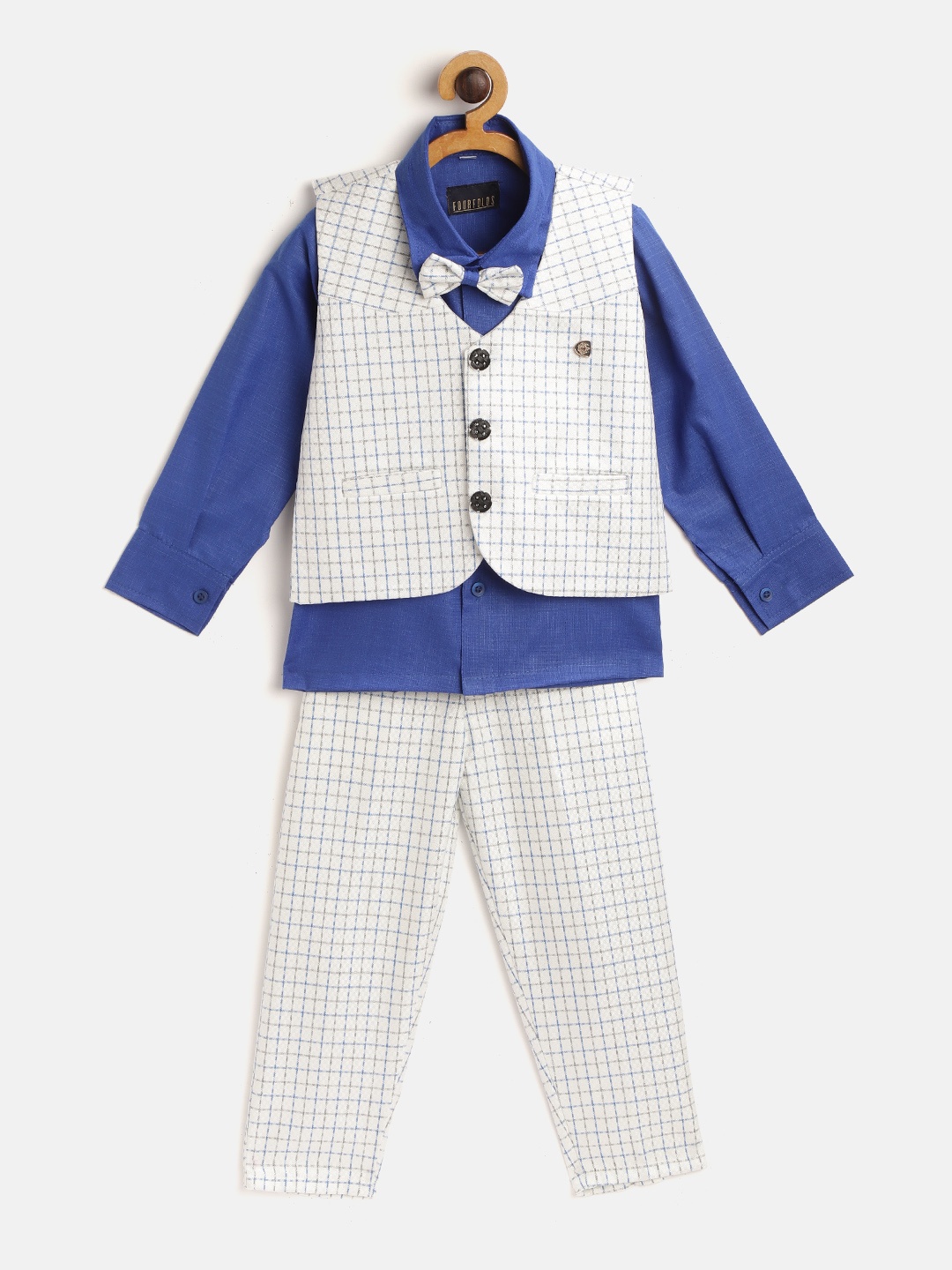 

FOURFOLDS Boys Blue & White Checked Shirt with Trousers & Waistcoat