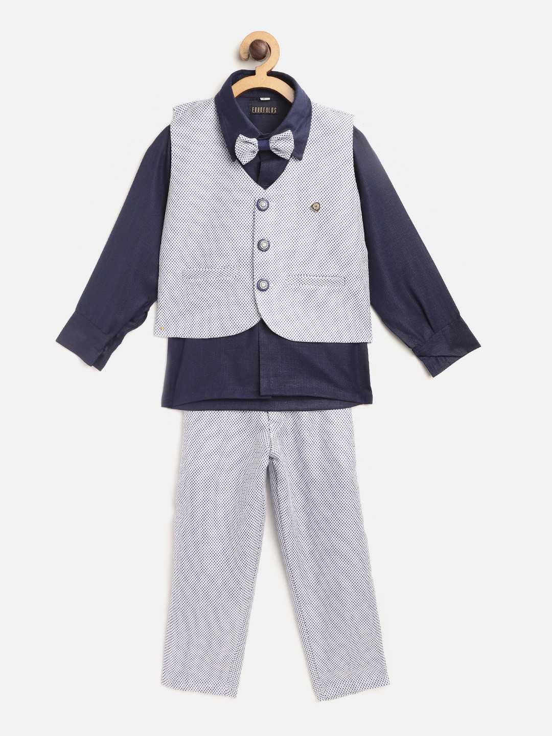 

FOURFOLDS Boys Navy Blue & White Self Design Clothing Set with Bow Tie