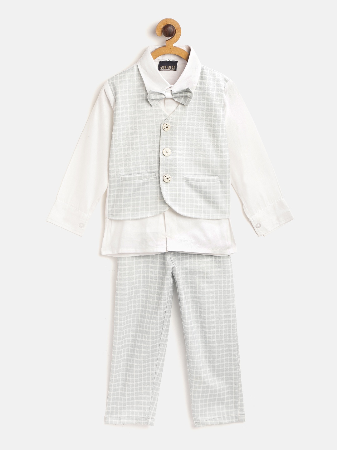 FOURFOLDS Boys White & Grey Solid Shirt with Checked Trousers & Waistcoat