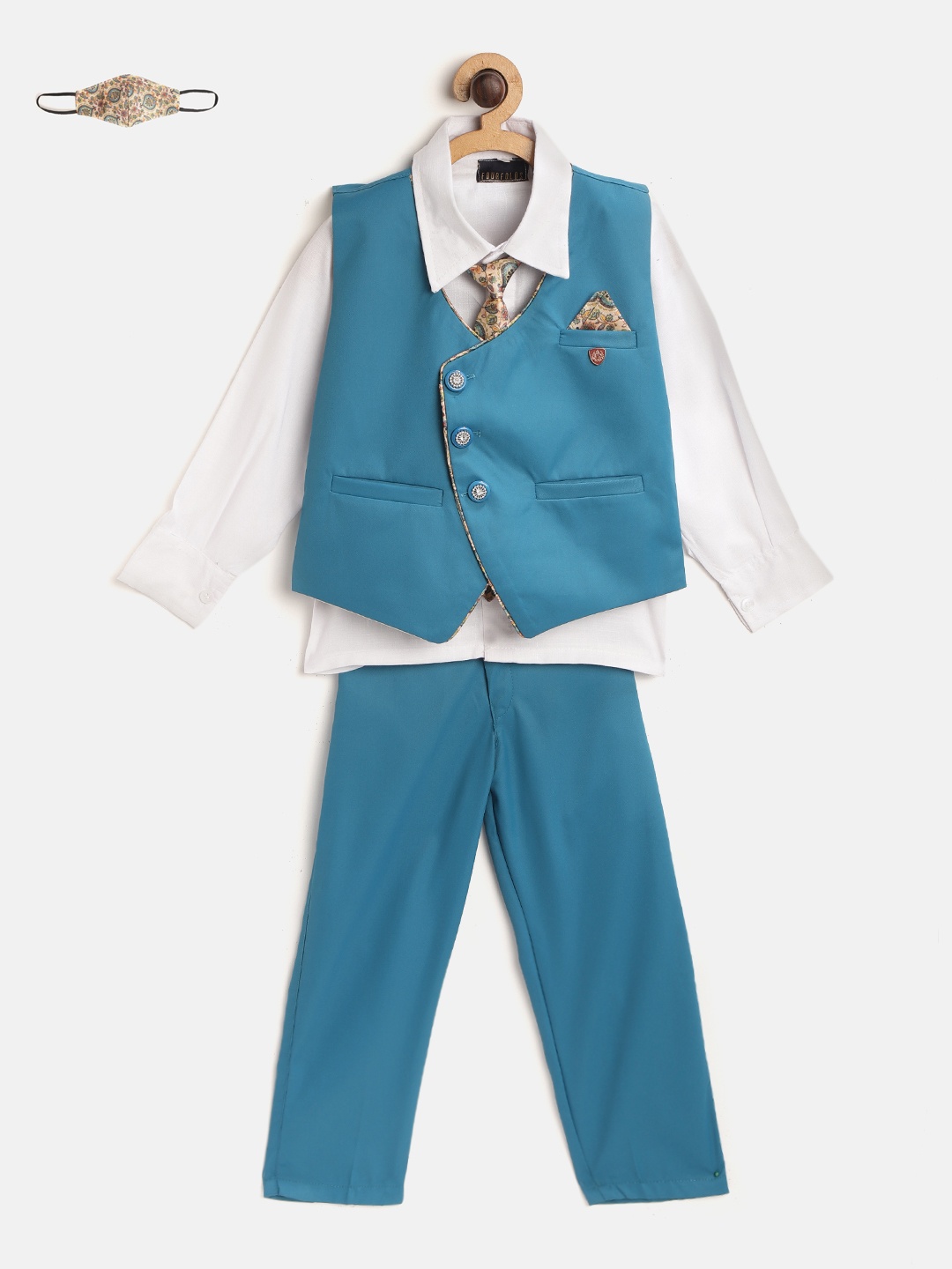 

FOURFOLDS Boys White & Turquoise Blue Solid Shirt with Trousers & Waistcoat