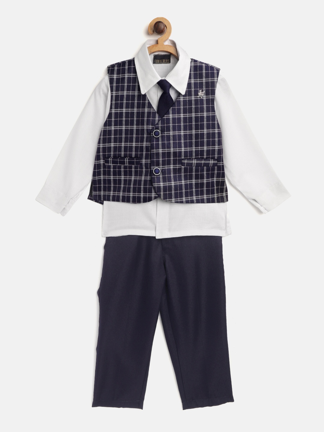 

FOURFOLDS Boys White & Navy Blue Solid Clothing Set with Waistcoat & Tie