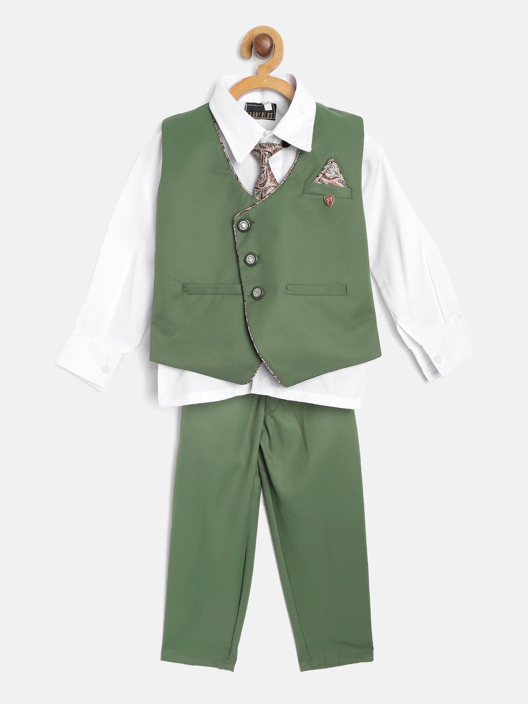 

FOURFOLDS Boys Olive Green & White Solid Clothing Set with Waistcoat, Tie & Cloth Mask