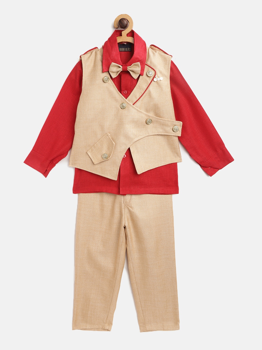 

FOURFOLDS Boys Red & Beige Co-Ord Set With Waistcoat & Bow-Tie