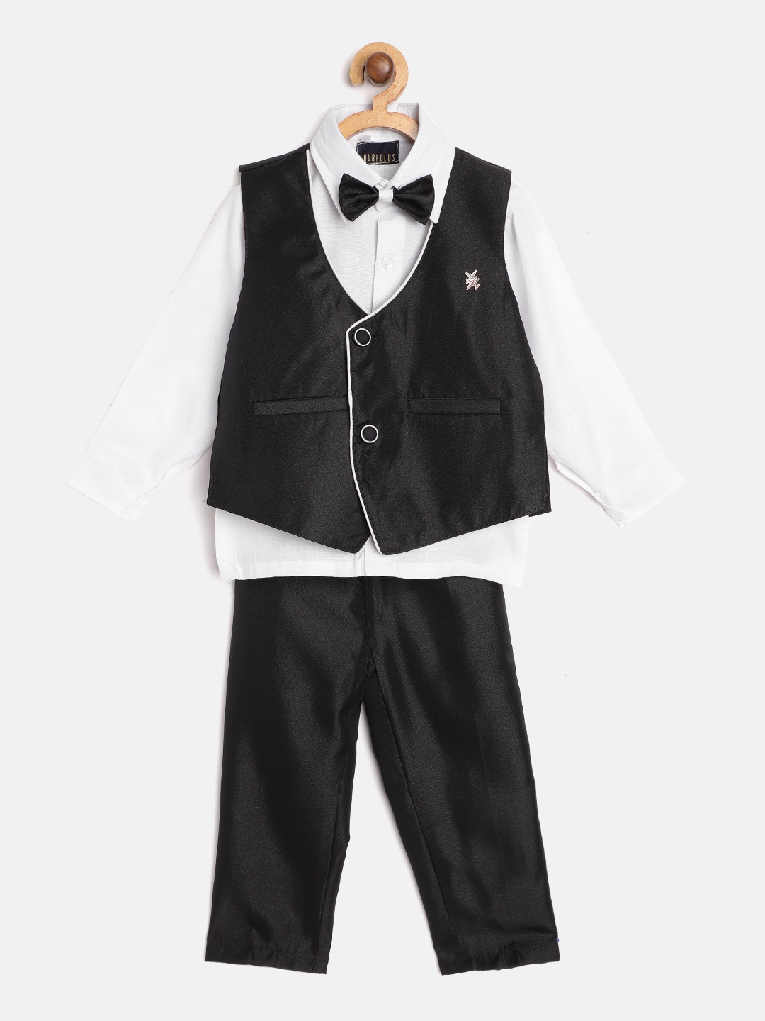

FOURFOLDS Boys White & Black Solid Shirt with Trousers & Waistcoat