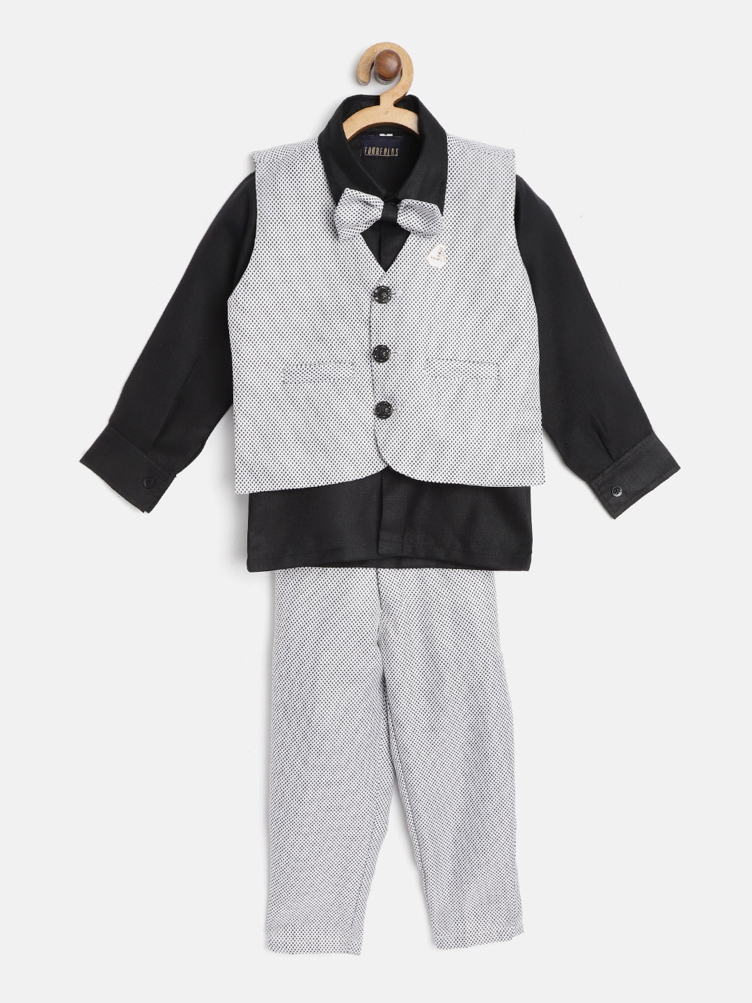 

FOURFOLDS Boys Black & Off-White Solid Clothing Set With Waistcoat & Bow