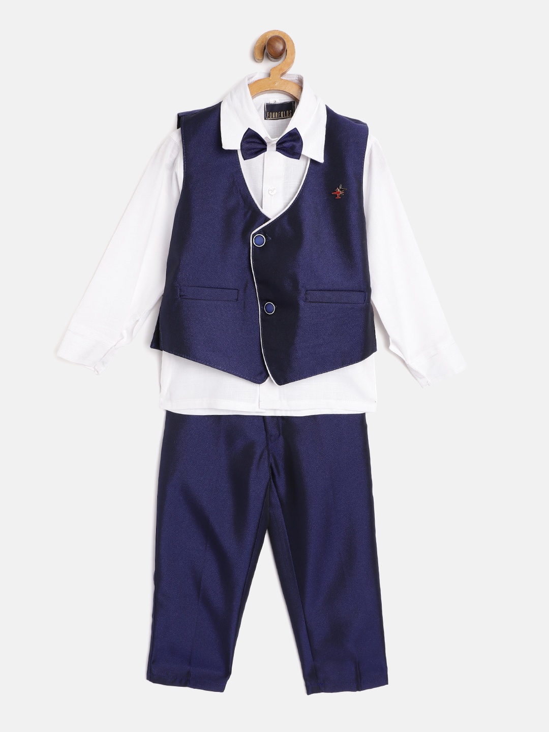 

FOURFOLDS Boys White & Navy Blue Co-Ord Set With Waistcoat & Bow Tie