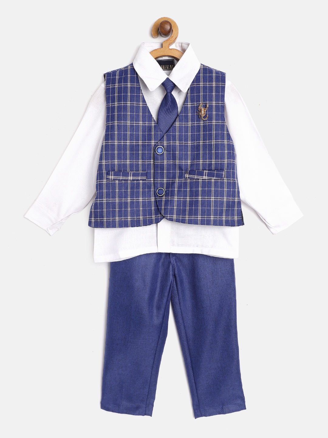 

FOURFOLDS Boys White & Navy Blue Co-Ord Set With Waistcoat & Tie