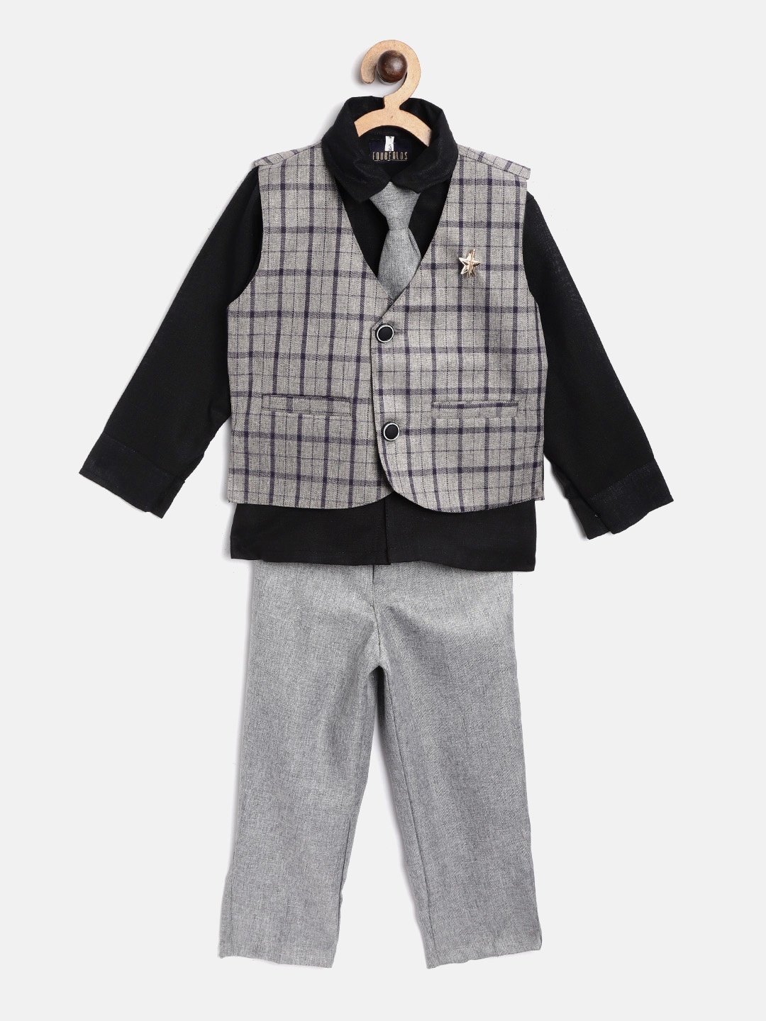 

FOURFOLDS Boys Black & Grey Solid Clothing Set with Waistcoat & Tie