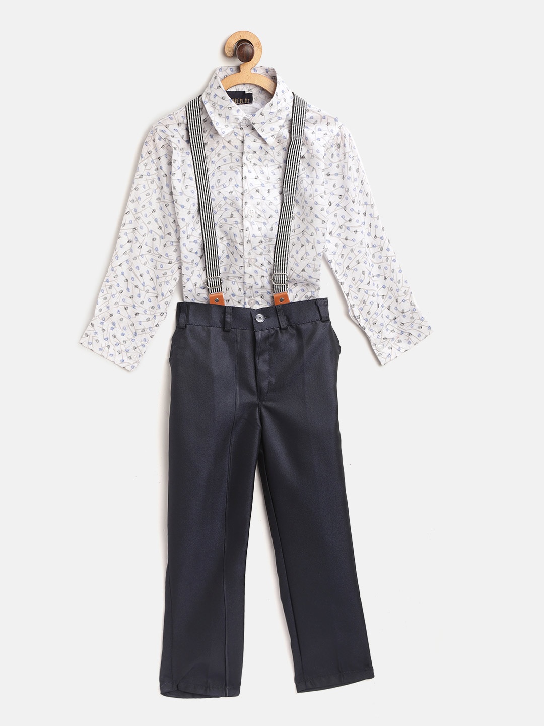 

FOURFOLDS Boys White & Navy Blue Co-Ord Set With Suspenders & Bow Tie