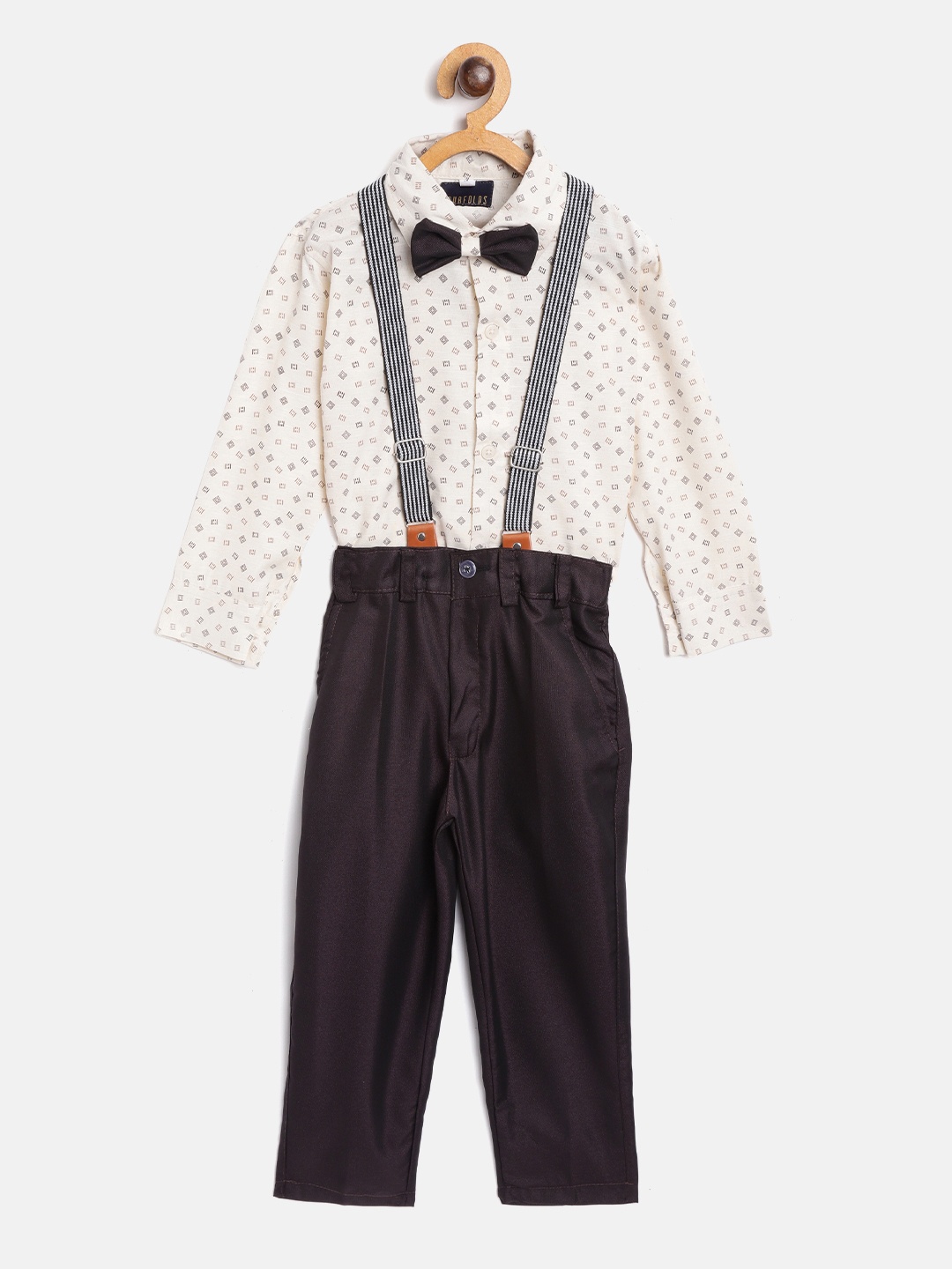 

FOURFOLDS Boys Off-White & Coffee Brown Printed Clothing Set with Suspenders & Bow Tie