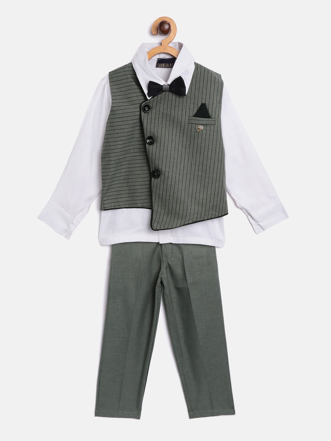 

FOURFOLDS Boys White & Olive Green Solid Clothing Set with Waistcoat & Bow