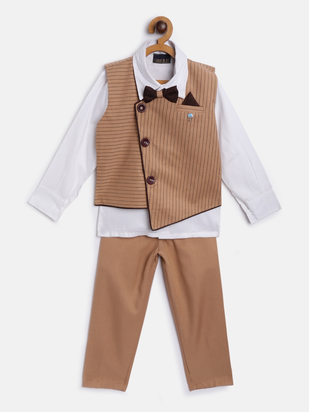 

FOURFOLDS Boys White Solid Shirt with Trousers Striped Waistcoat & Bow Tie