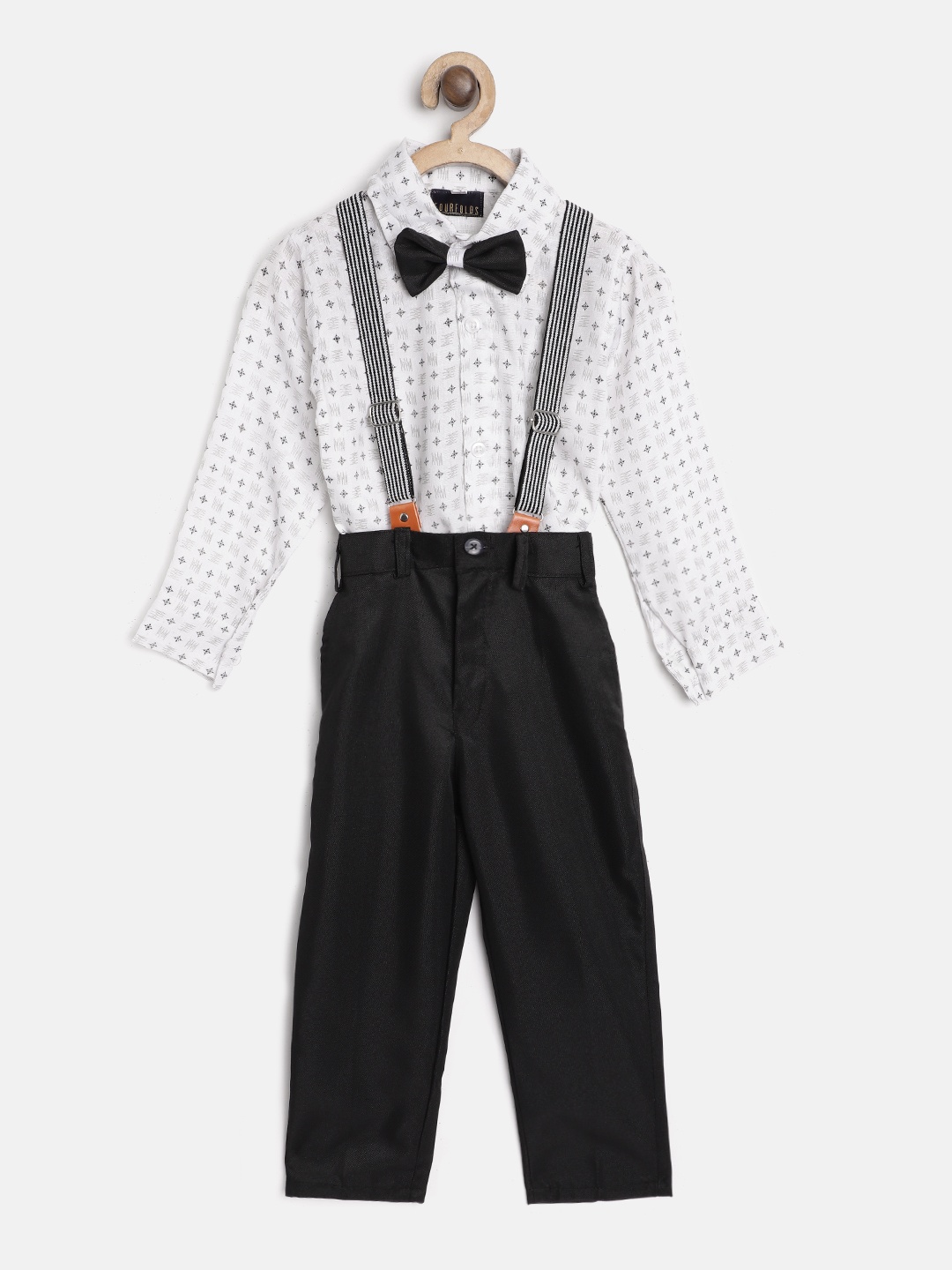 

FOURFOLDS Boys White & Black Printed Shirt with Trousers Suspenders & Bow Tie