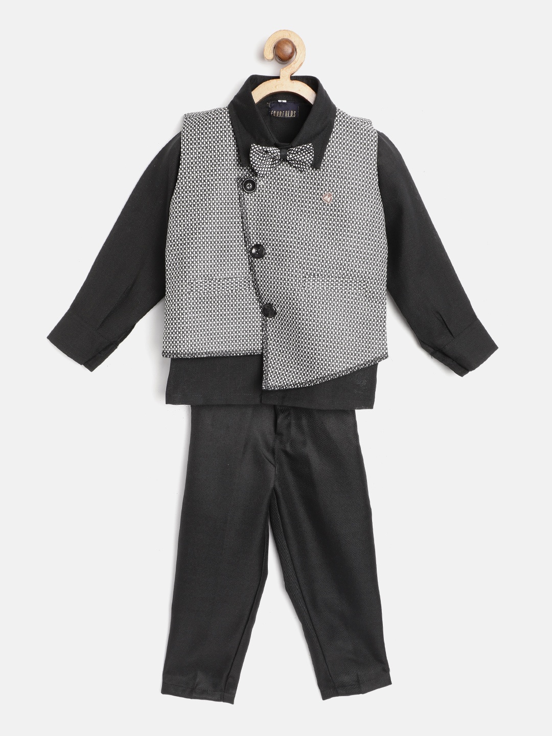 

FOURFOLDS Boys Black Solid Shirt with Trousers Woven Design Waistcoat & Bow Tie