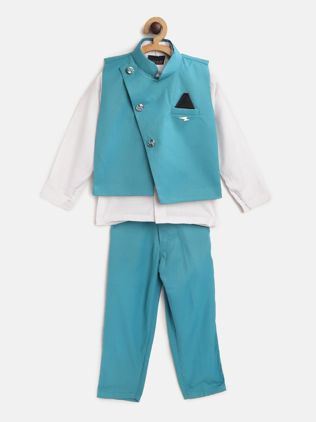 

FOURFOLDS Boys White & Turquoise Blue Solid Shirt with Trousers & Waistcoat