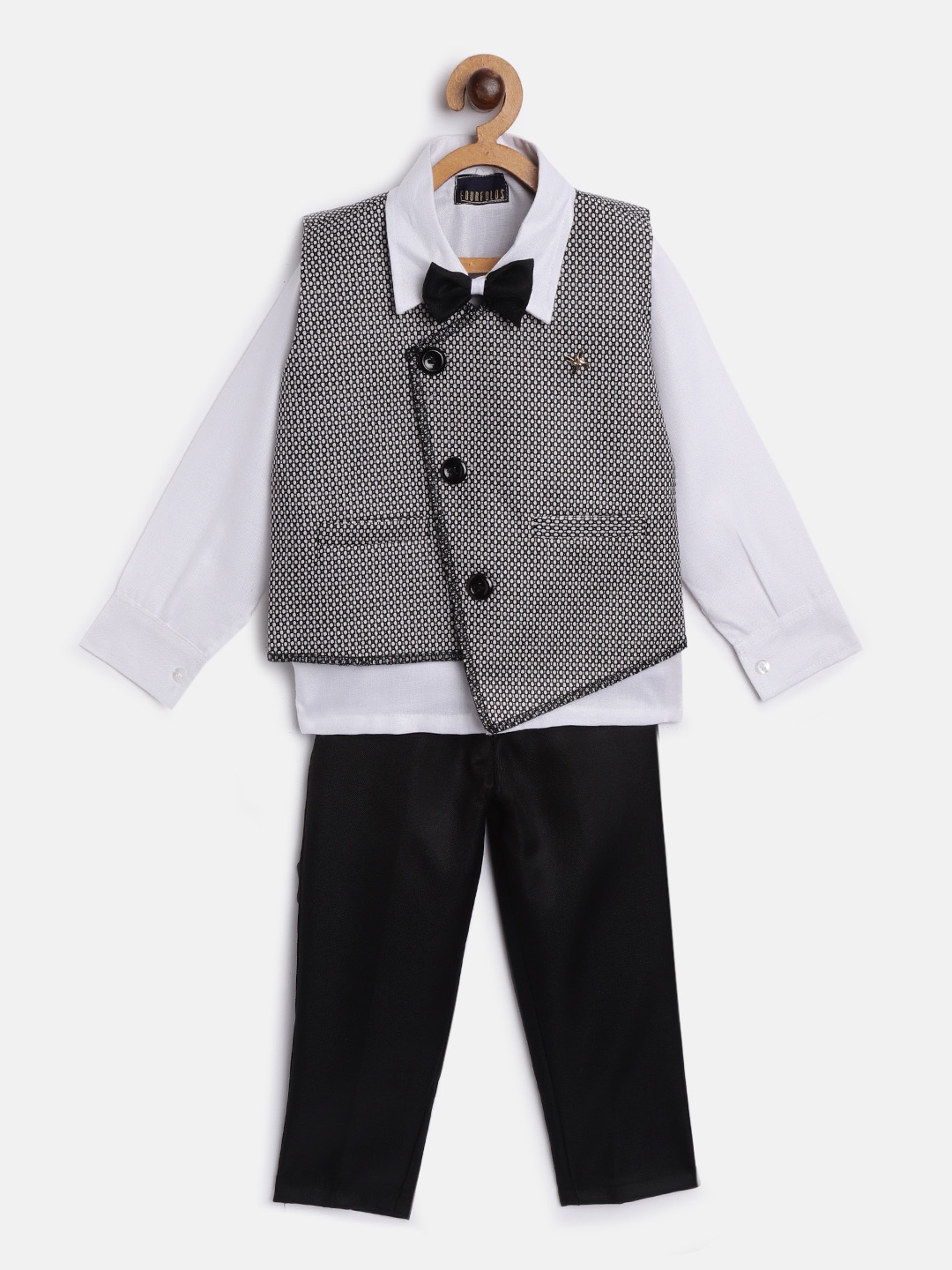 

FOURFOLDS Boys White Solid Shirt with Trousers & Woven Design Waistcoat