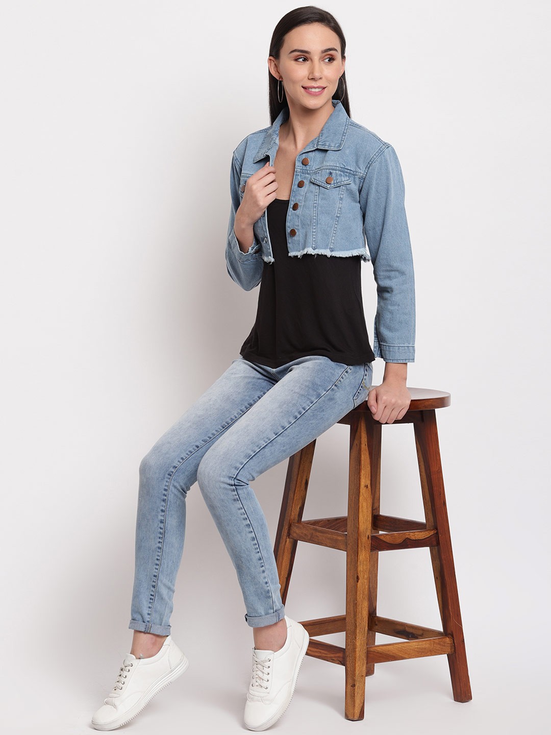 

TALES & STORIES Women Blue Solid Crop Denim Jacket