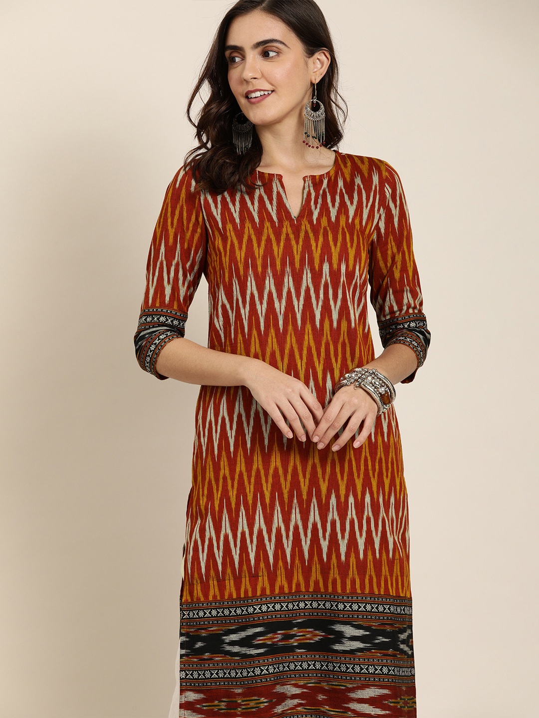 

Taavi Women Maroon & Mustard Yellow Ikat Woven Design Sustainable Straight Kurta